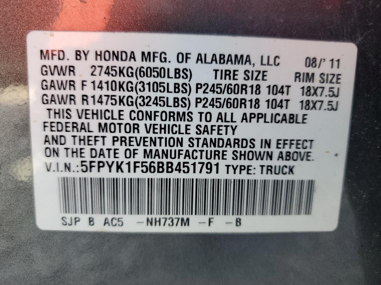 2011 Honda Ridgeline Rtl VIN: 5FPYK1F56BB451791 Lot: 55662905