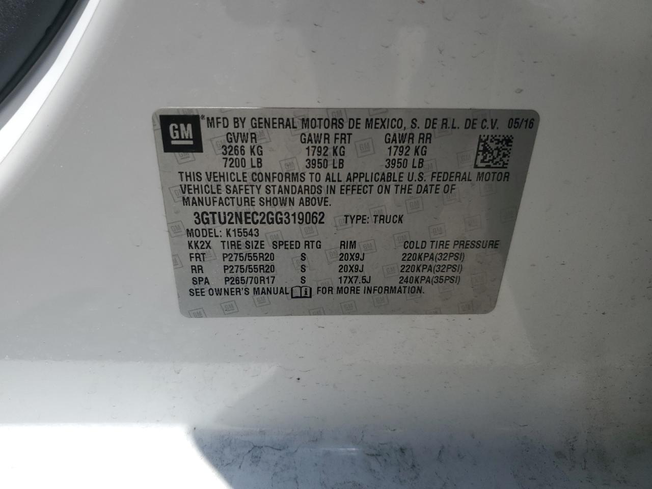 2016 GMC Sierra K1500 Slt VIN: 3GTU2NEC2GG319062 Lot: 56666675