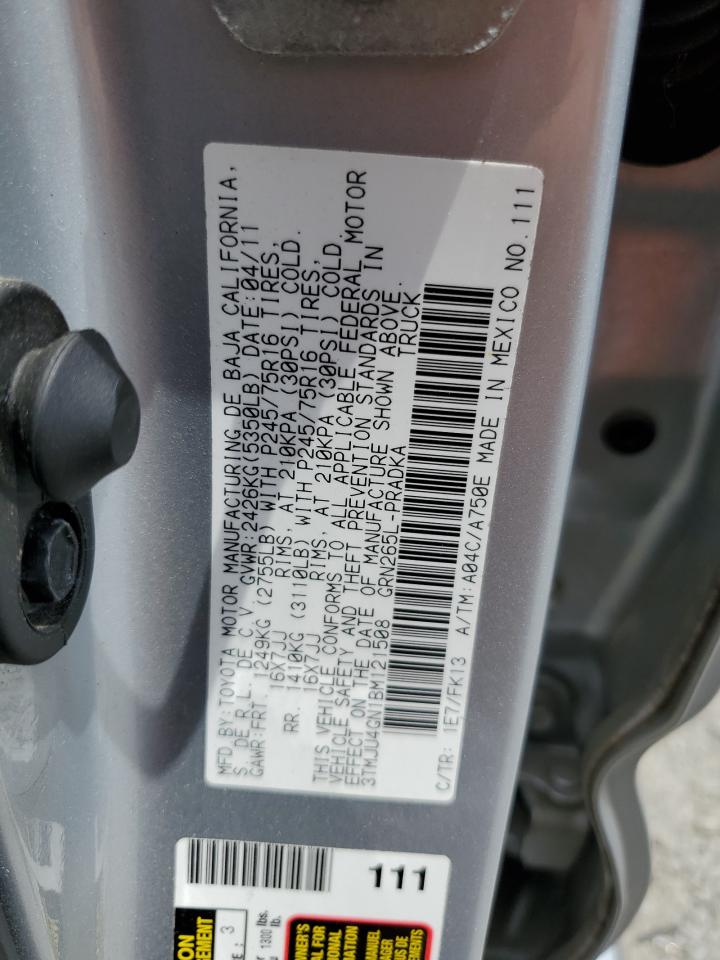 2011 Toyota Tacoma Double Cab Prerunner VIN: 3TMJU4GN1BM121508 Lot: 57346775