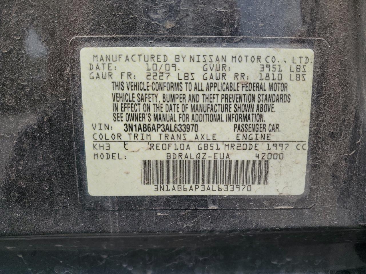 2010 Nissan Sentra 2.0 VIN: 3N1AB6AP3AL633970 Lot: 58270365