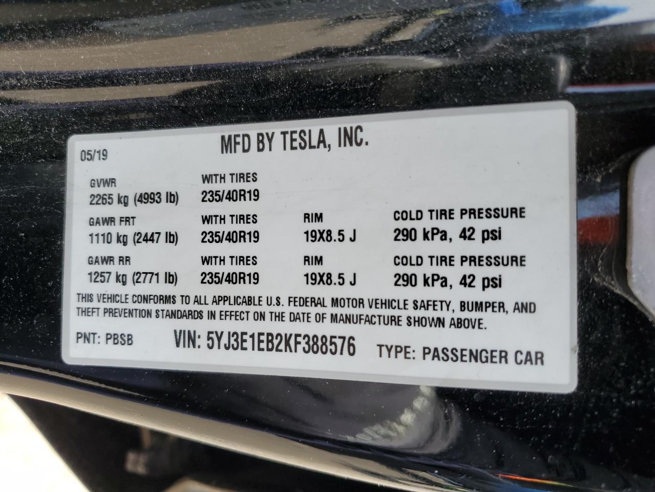 2019 Tesla Model 3 VIN: 5YJ3E1EB2KF388576 Lot: 57096375