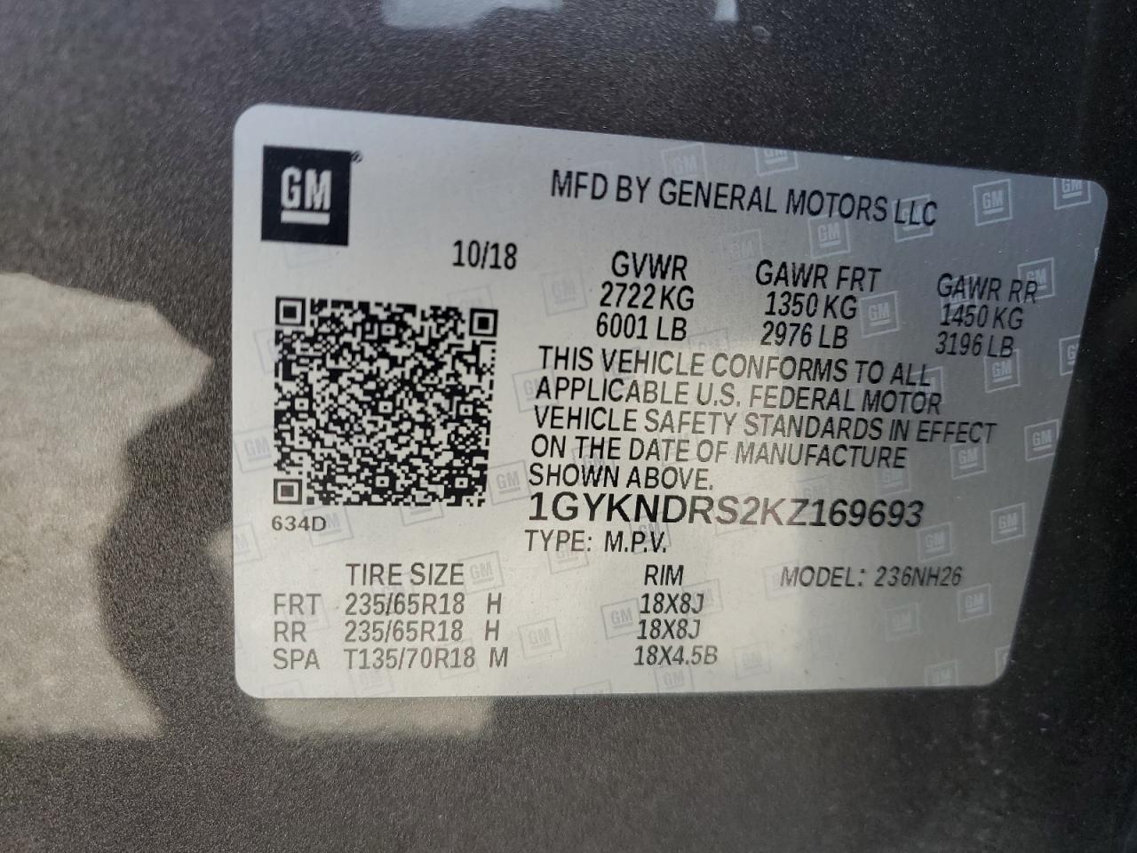 2019 Cadillac Xt5 Luxury VIN: 1GYKNDRS2KZ169693 Lot: 57128455