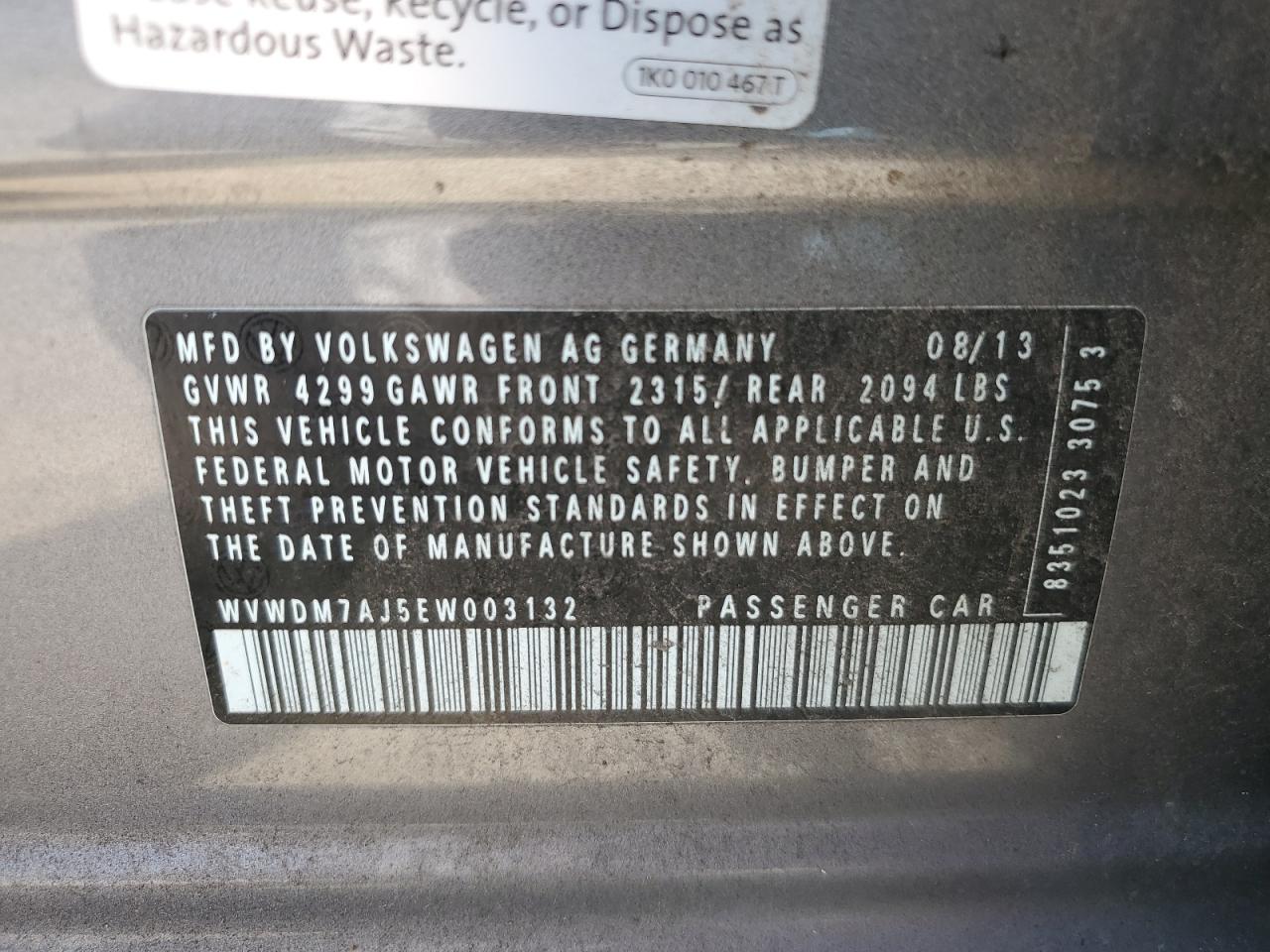 2014 Volkswagen Golf VIN: WVWDM7AJ5EW003132 Lot: 58640485