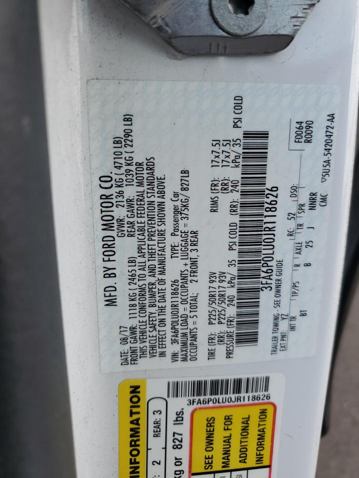 2018 Ford Fusion Se Hybrid VIN: 3FA6P0LU0JR118626 Lot: 54024625