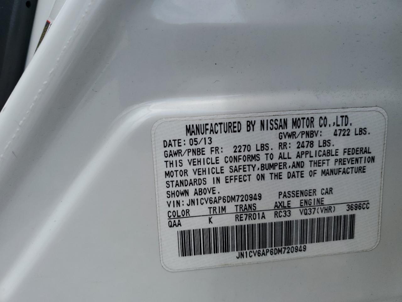 2013 Infiniti G37 Base VIN: JN1CV6AP6DM720949 Lot: 56777025