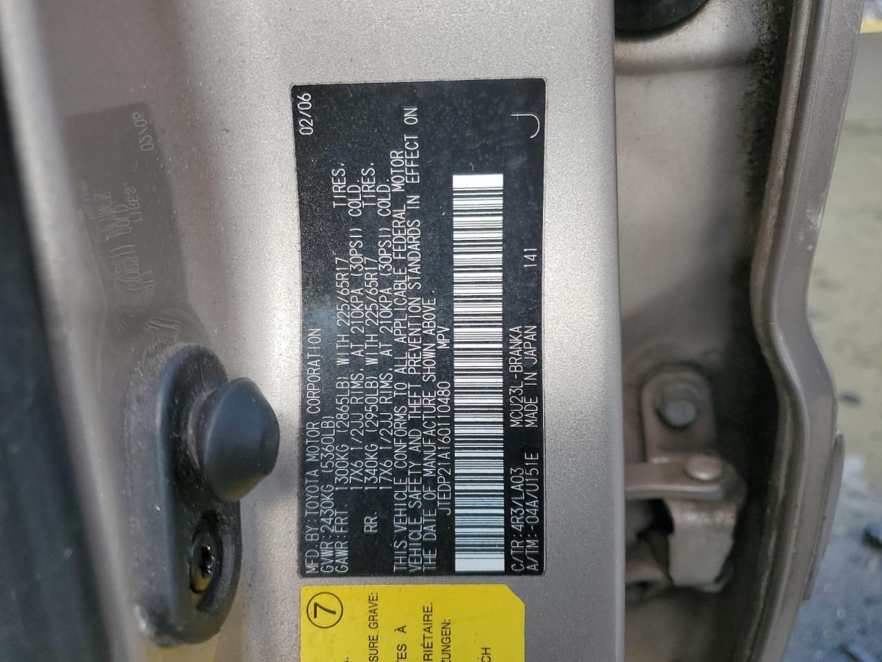 2006 Toyota Highlander Limited VIN: JTEDP21A160110480 Lot: 56980665