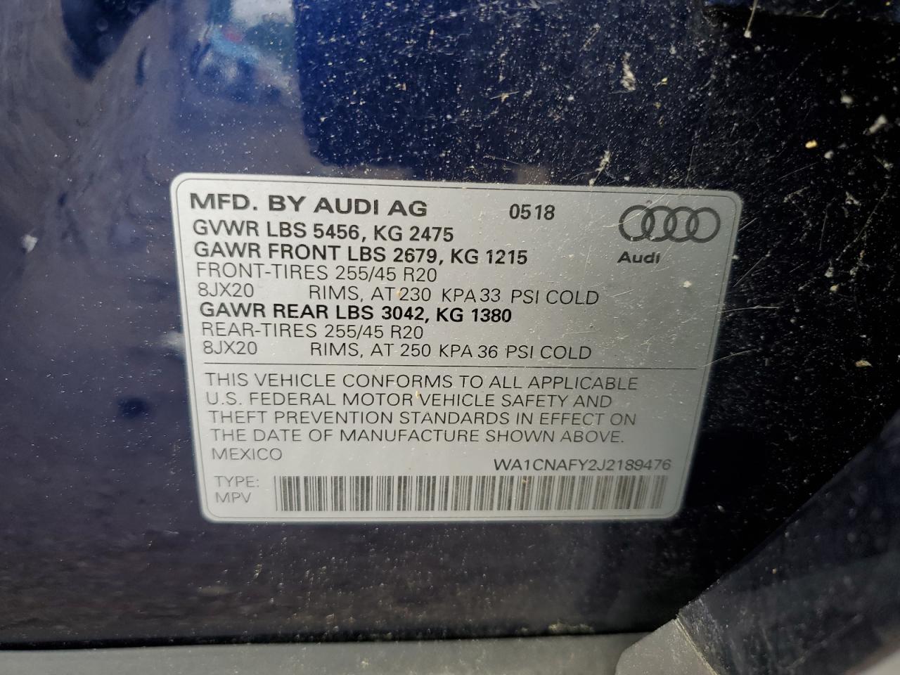 2018 Audi Q5 Prestige VIN: WA1CNAFY2J2189476 Lot: 56851665