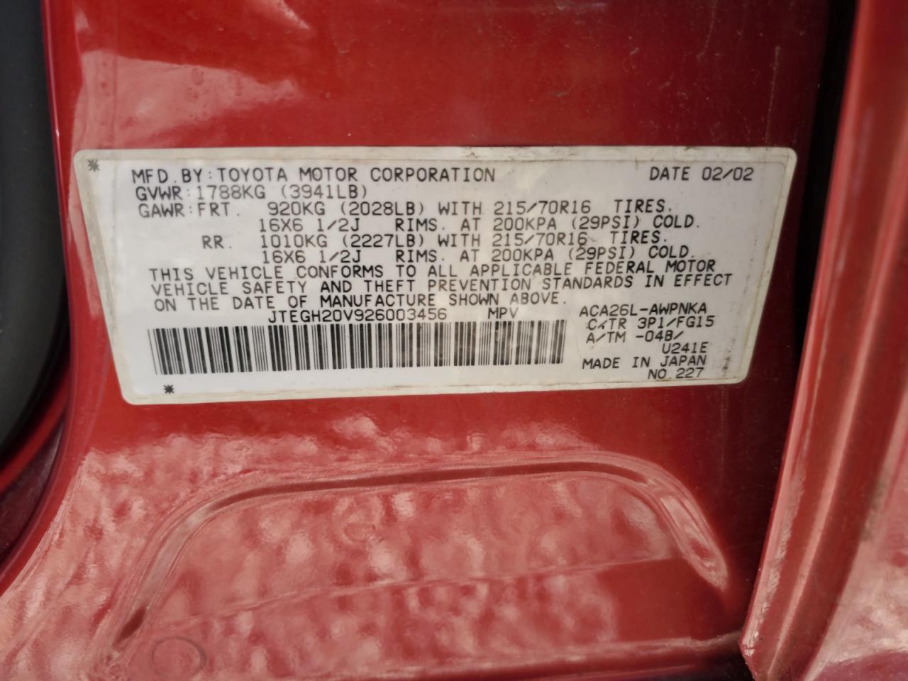 2002 Toyota Rav4 VIN: JTEGH20V926003456 Lot: 57227125