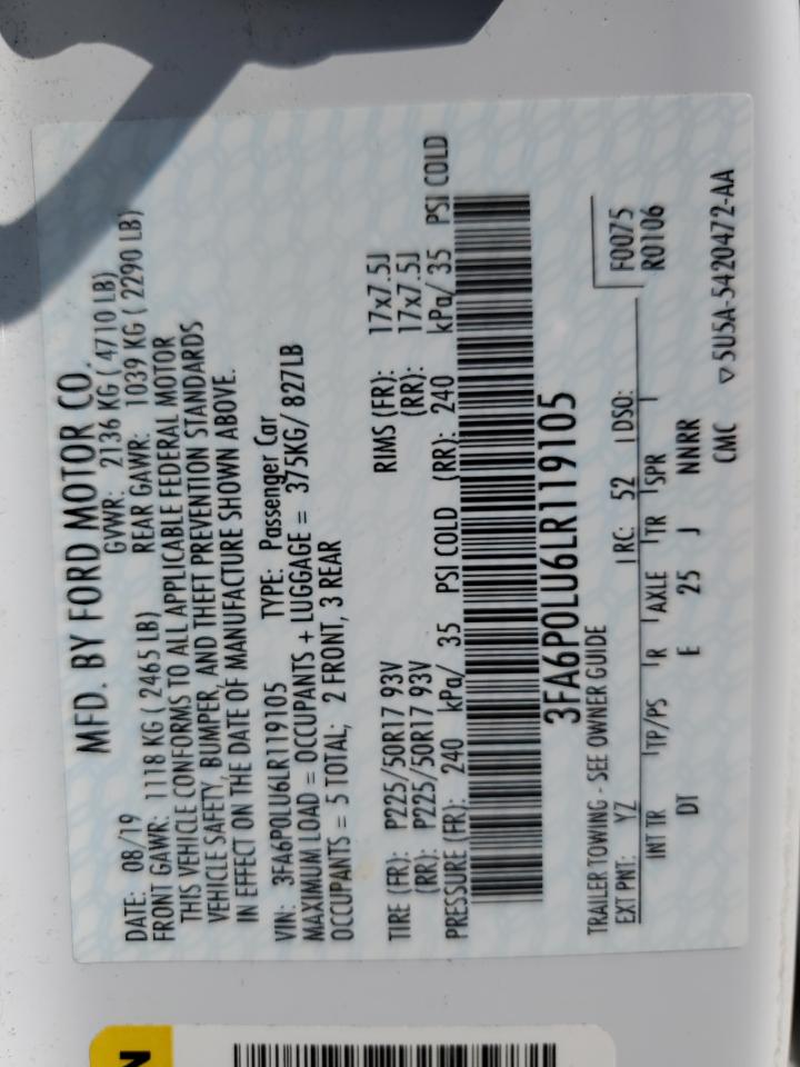 2020 Ford Fusion Se VIN: 3FA6P0LU6LR119105 Lot: 54043765