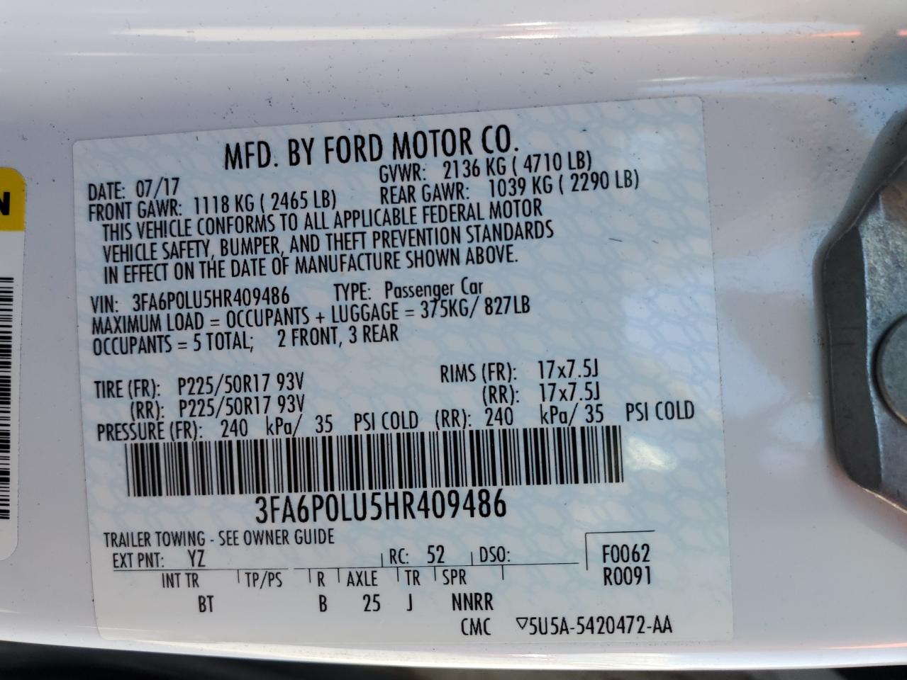 2017 Ford Fusion Se Hybrid VIN: 3FA6P0LU5HR409486 Lot: 54065795