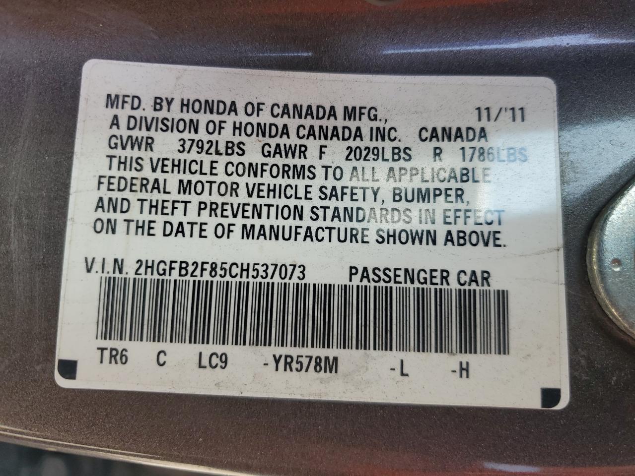 2012 Honda Civic Ex VIN: 2HGFB2F85CH537073 Lot: 56582335