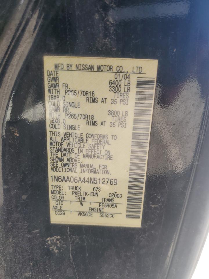 2004 Nissan Titan Xe VIN: 1N6AA06A44N512769 Lot: 57082925