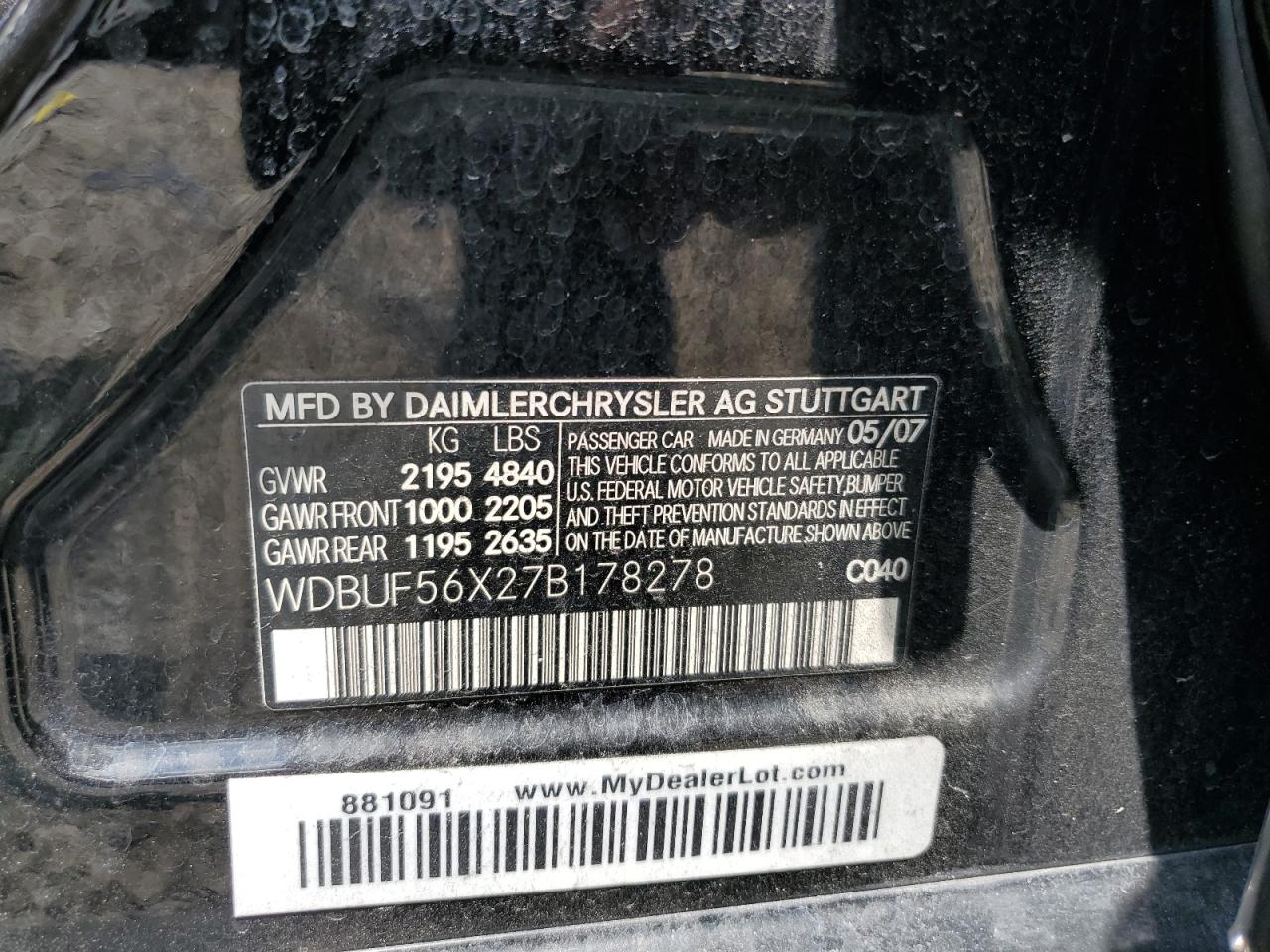 2007 Mercedes-Benz E 350 VIN: WDBUF56X27B178278 Lot: 56184235