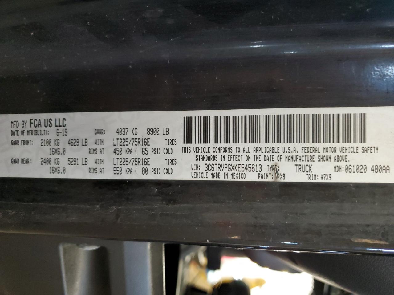 2019 Ram Promaster 2500 2500 High VIN: 3C6TRVPGXKE545613 Lot: 56519345