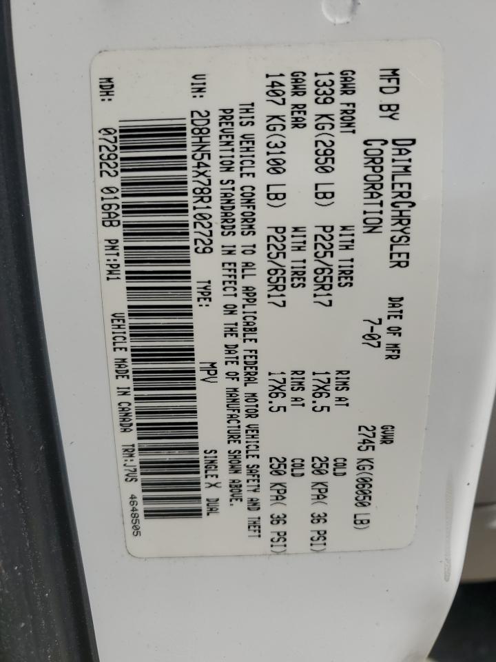 2008 Dodge Grand Caravan Sxt VIN: 2D8HN54X78R102729 Lot: 56654675