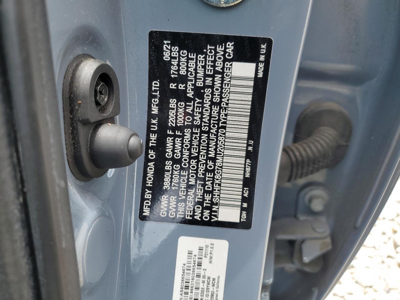 2021 Honda Civic Type-R Touring VIN: SHHFK8G78MU205870 Lot: 56360945