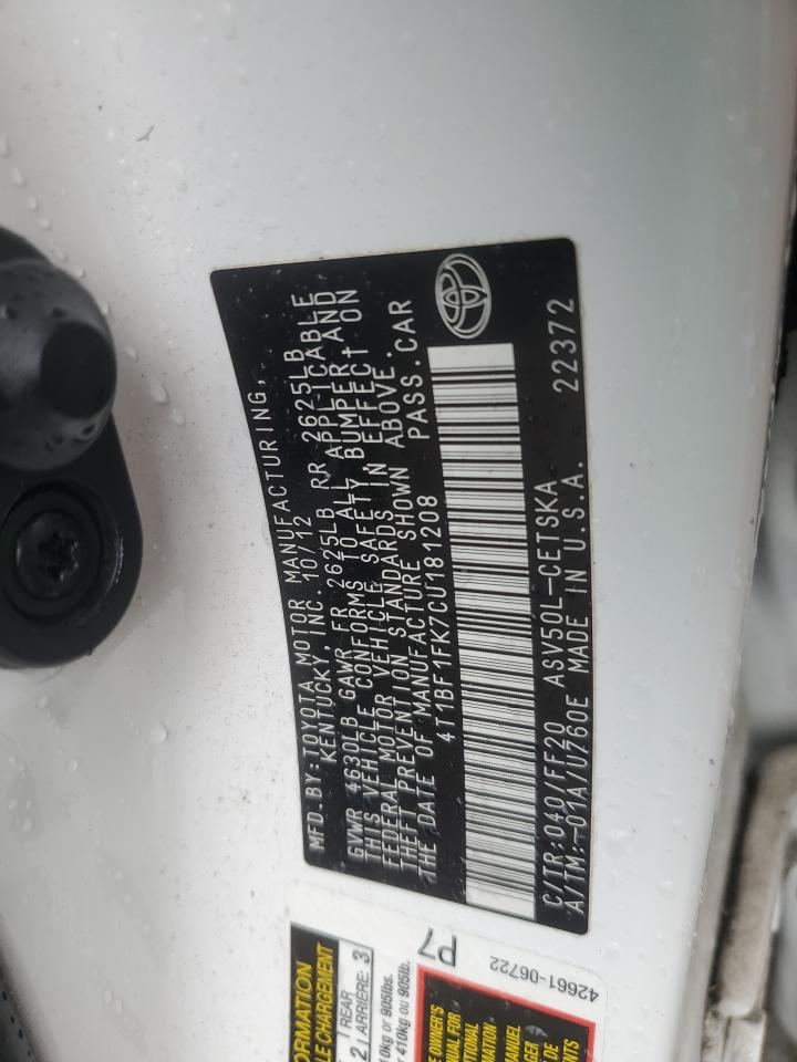 2012 Toyota Camry Base VIN: 4T1BF1FK7CU181208 Lot: 56536135