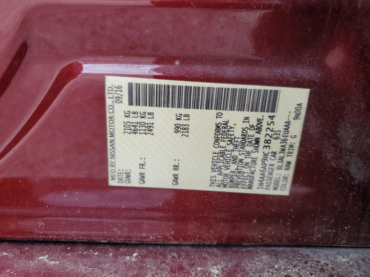 2017 Nissan Maxima 3.5S VIN: 1N4AA6AP9HC382254 Lot: 57084895