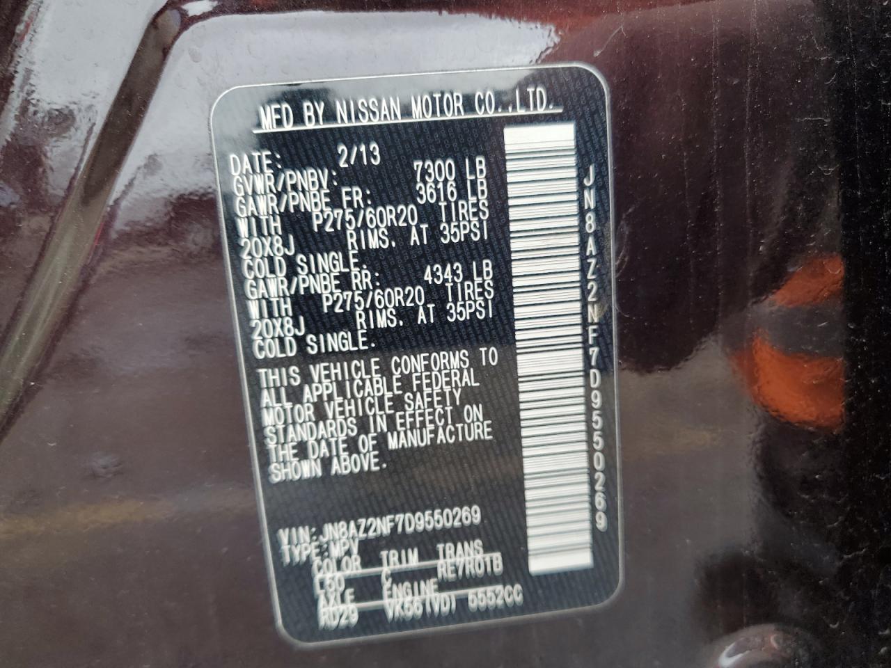 2013 Infiniti Qx56 VIN: JN8AZ2NF7D9550269 Lot: 56836875