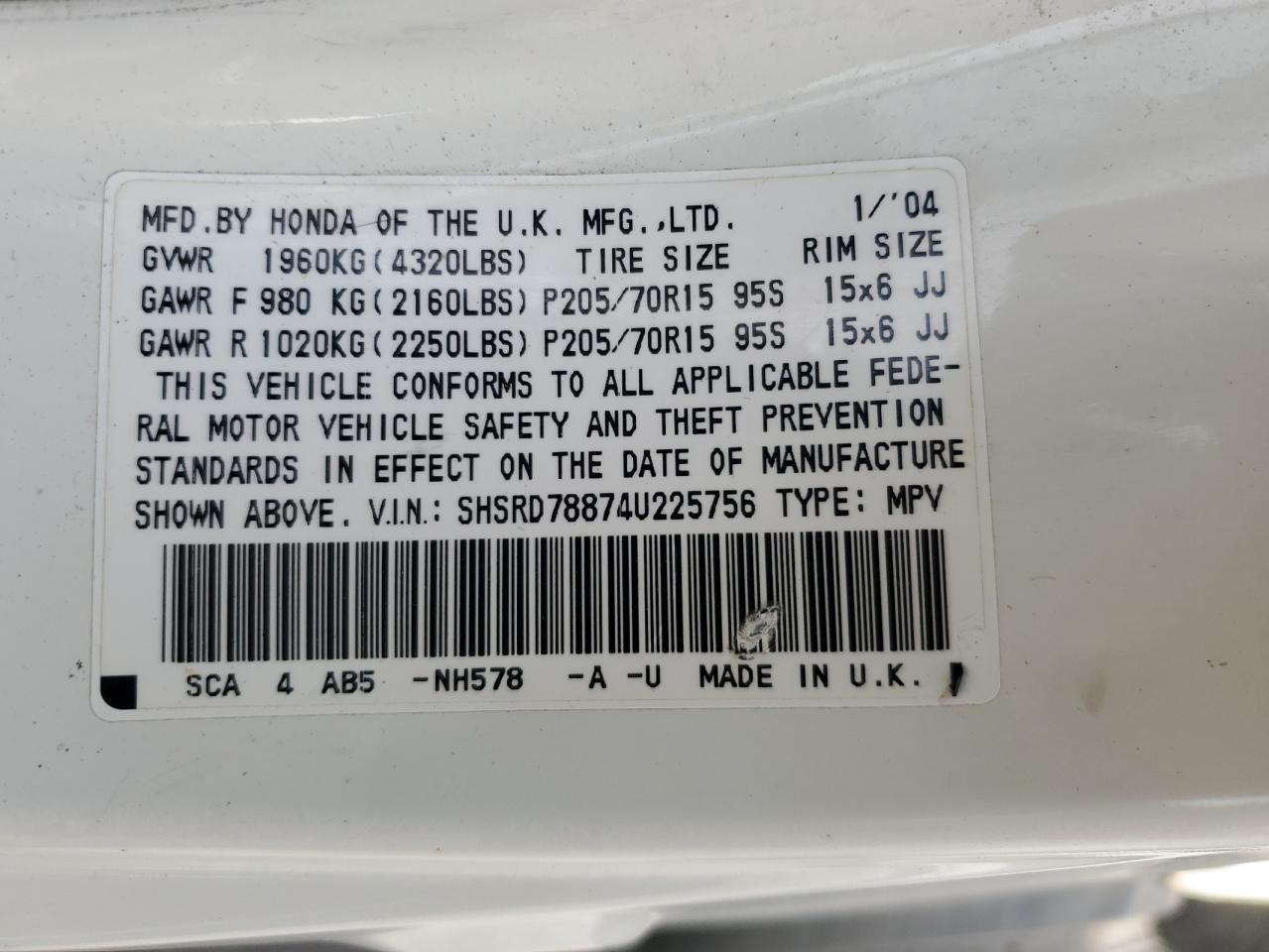 2004 Honda Cr-V Ex VIN: SHSRD78874U225756 Lot: 57488255