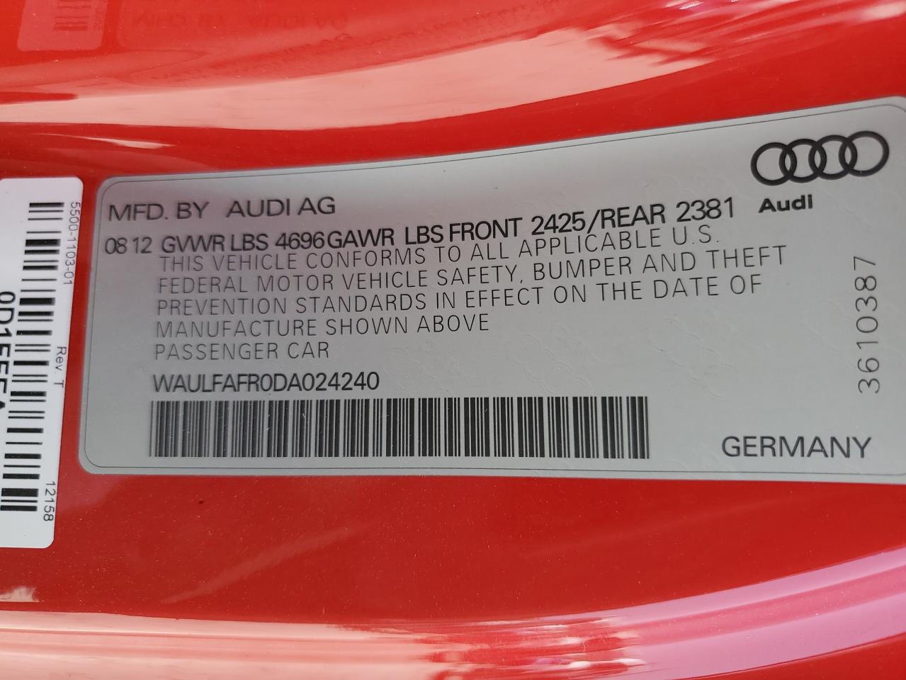 2013 Audi A5 Premium Plus VIN: WAULFAFR0DA024240 Lot: 59207105