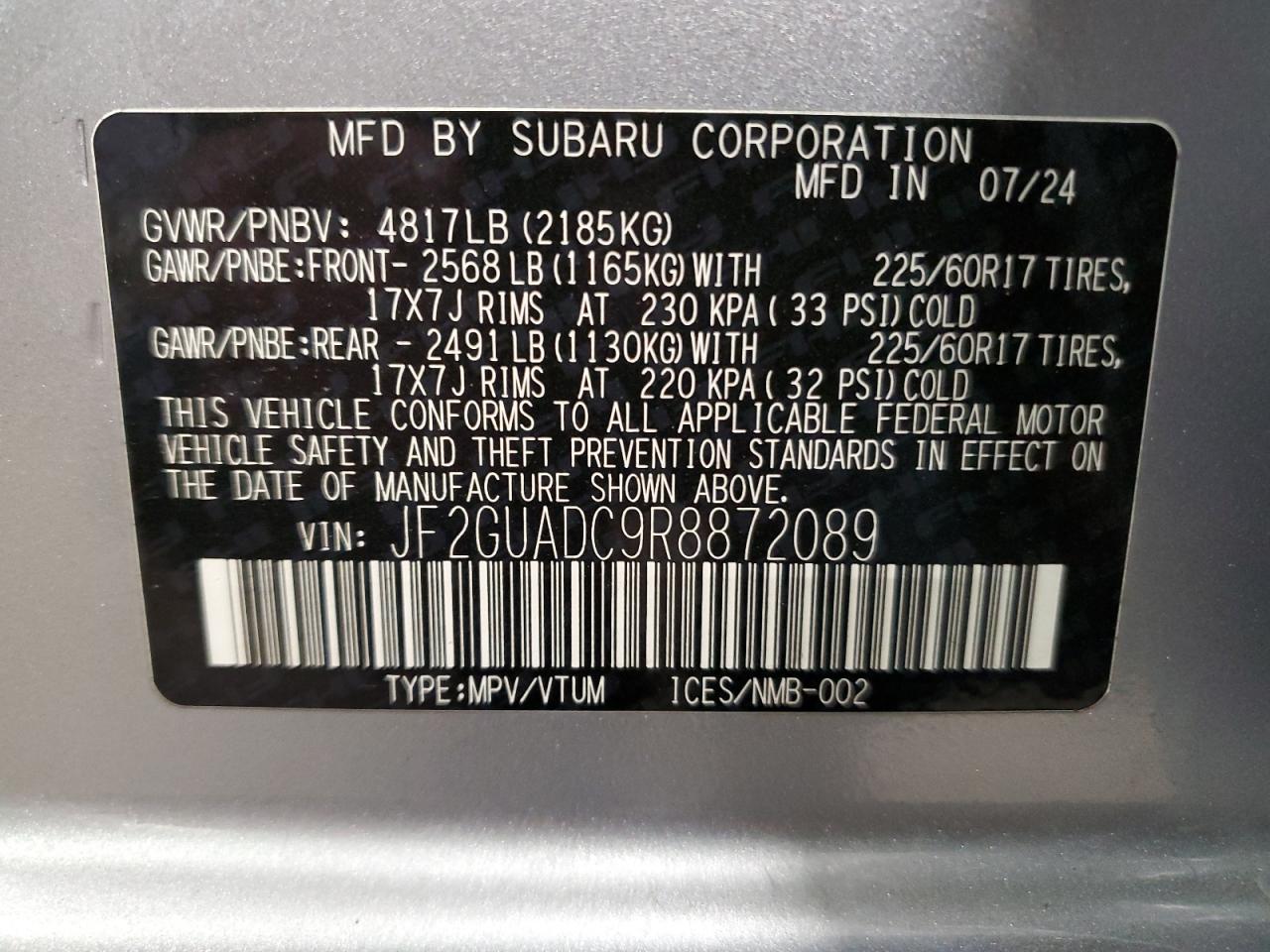2024 Subaru Crosstrek Premium VIN: JF2GUADC9R8872089 Lot: 56887145