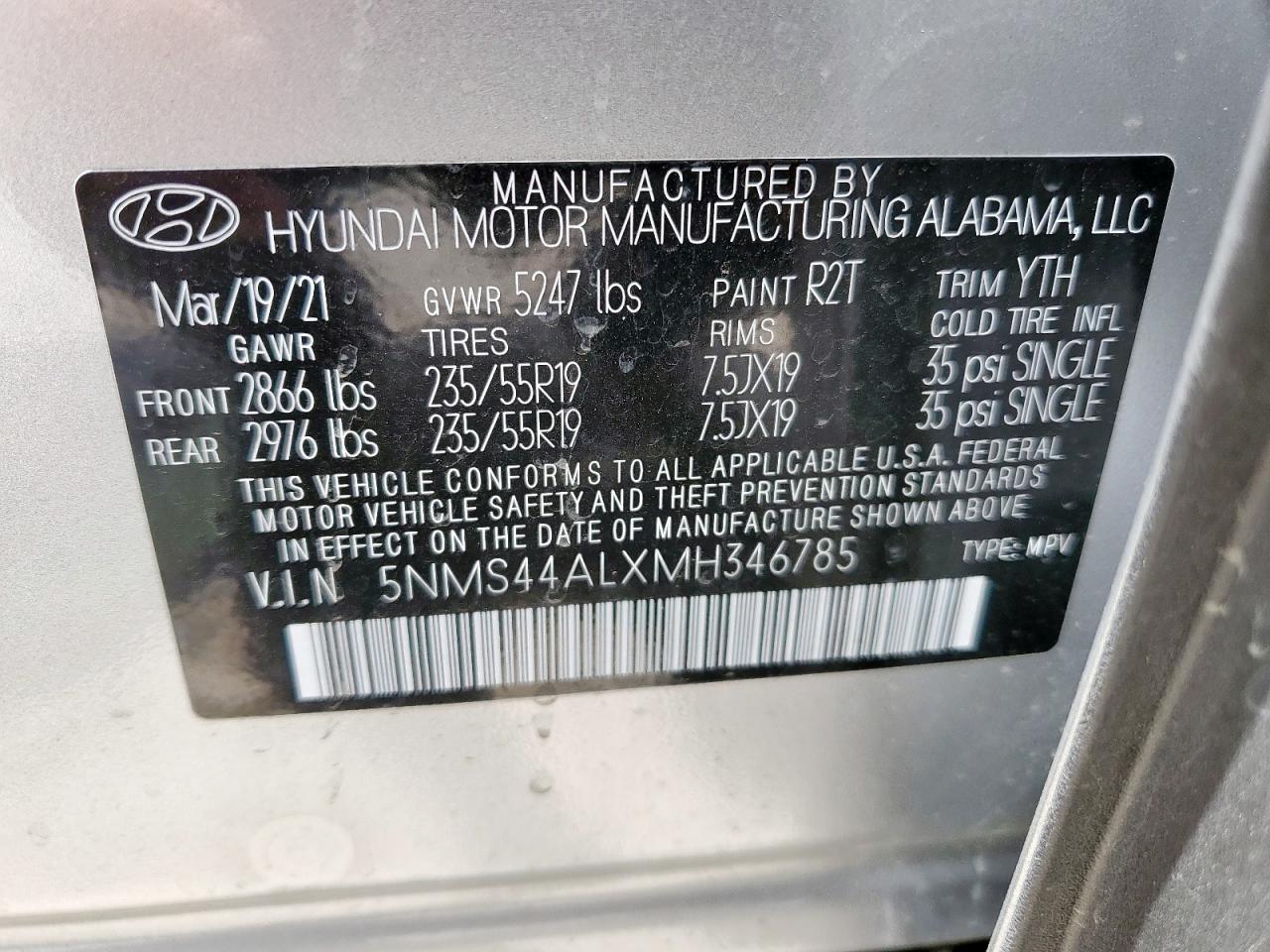 2021 Hyundai Santa Fe Limited VIN: 5NMS44ALXMH346785 Lot: 58130935