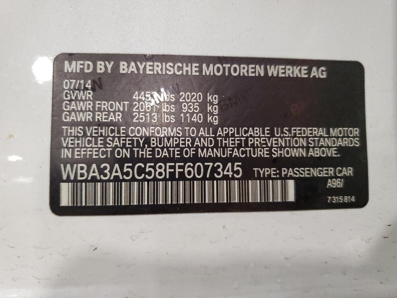 2015 BMW 328 I VIN: WBA3A5C58FF607345 Lot: 58161395