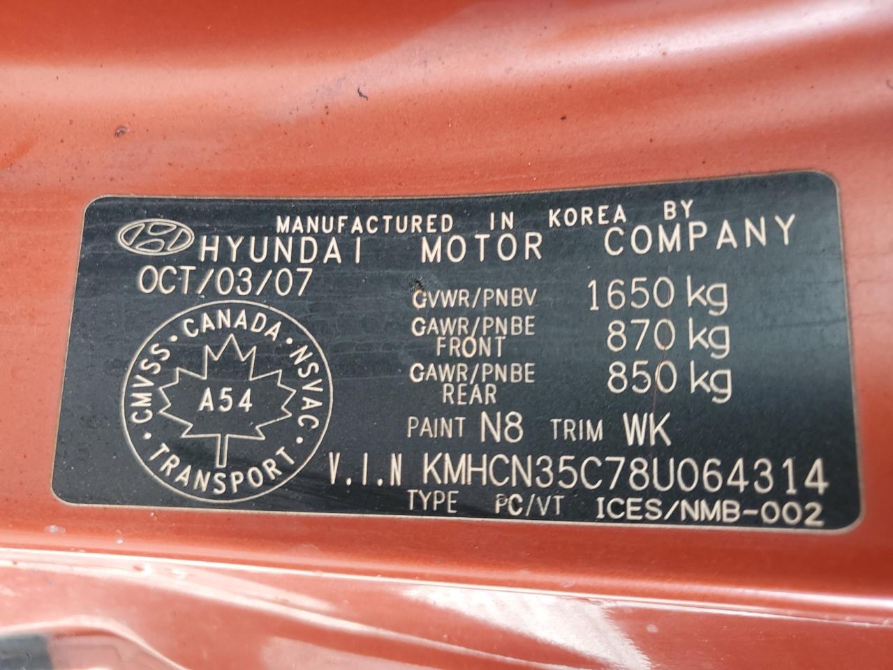 2008 Hyundai Accent Base VIN: KMHCN35C78U064314 Lot: 56189685