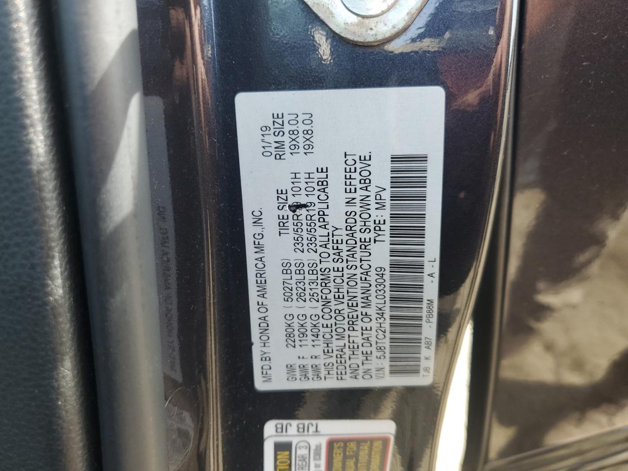 2019 Acura Rdx VIN: 5J8TC2H34KL033049 Lot: 56476665