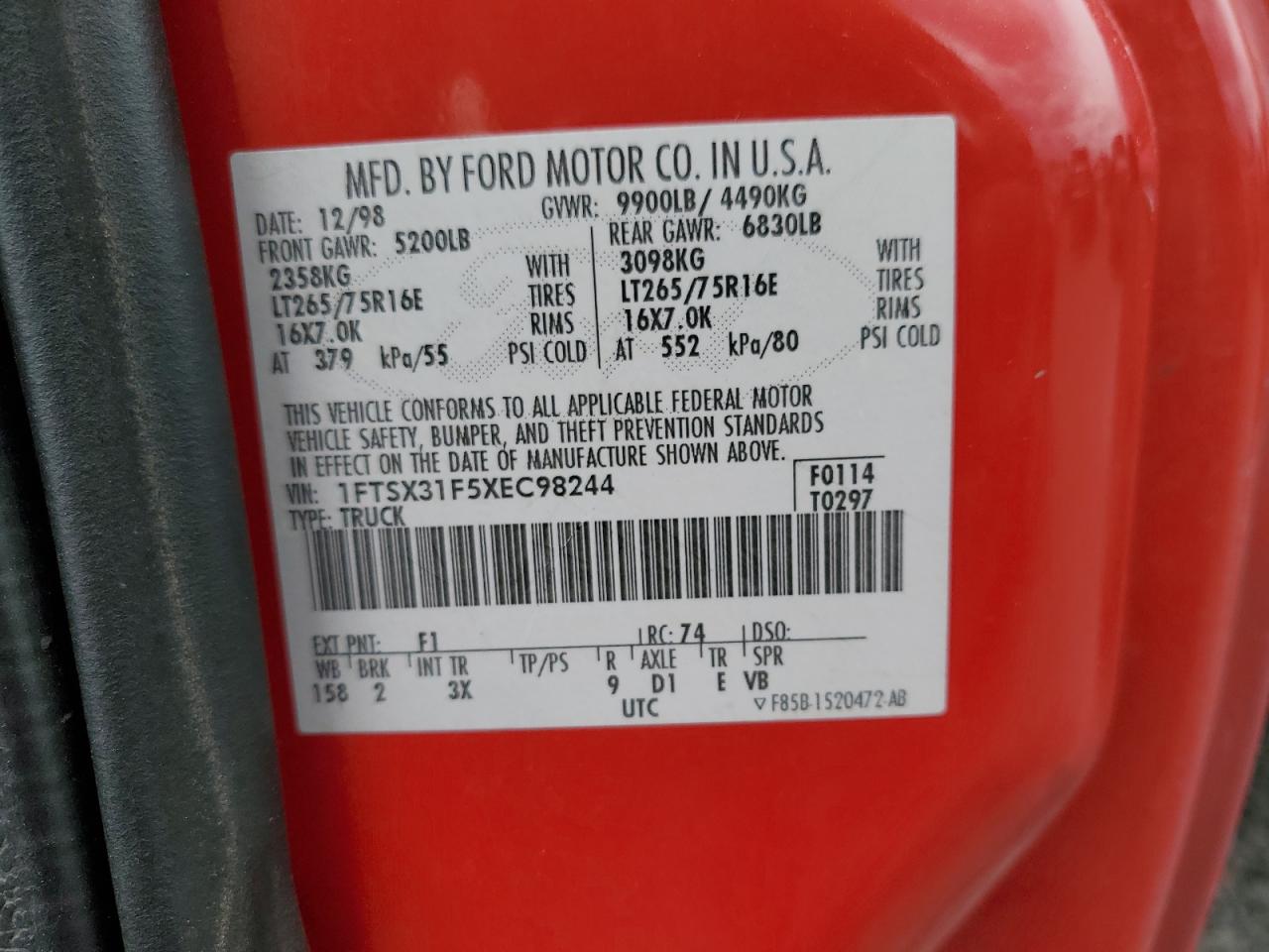 1999 Ford F350 Srw Super Duty VIN: 1FTSX31F5XEC98244 Lot: 57535265