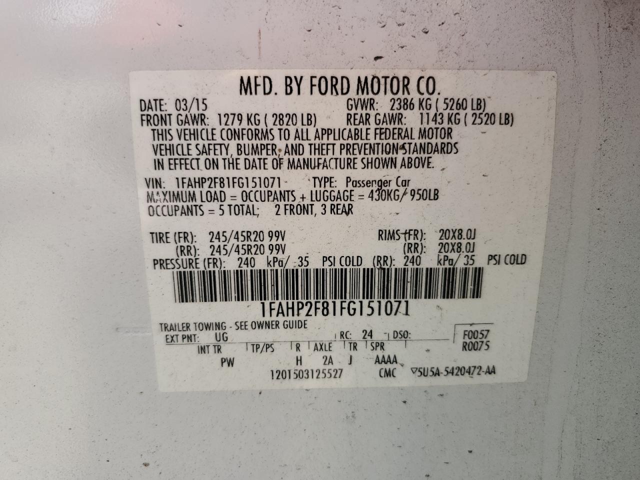 2015 Ford Taurus Limited VIN: 1FAHP2F81FG151071 Lot: 56892555