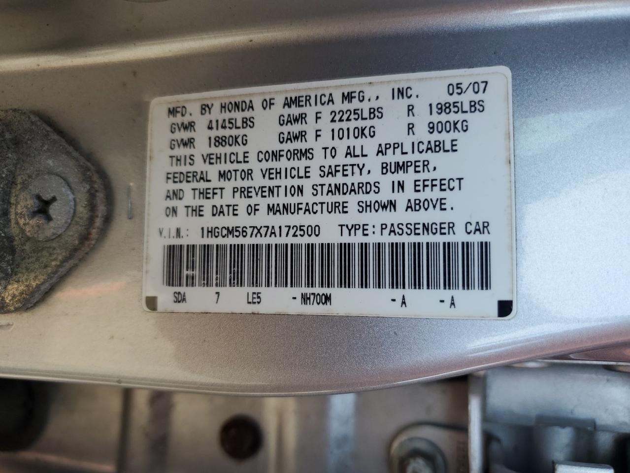 HONDA ACCORD 2007 VIN 1HGCM567X7A172500 zdjęcie 13