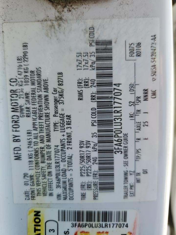 2020 Ford Fusion Se VIN: 3FA6P0LU3LR177074 Lot: 54043775