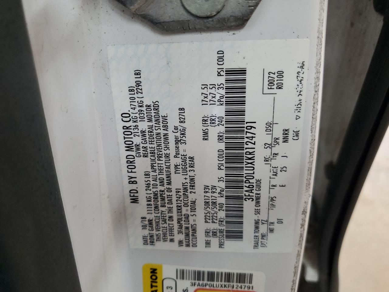 2019 Ford Fusion Se VIN: 3FA6P0LUXKR124791 Lot: 54043265