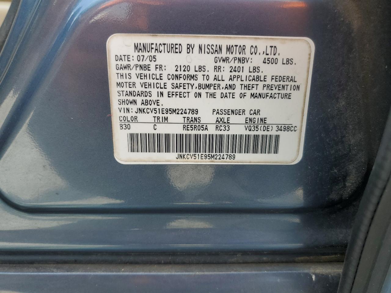 2005 Infiniti G35 VIN: JNKCV51E95M224789 Lot: 57143305