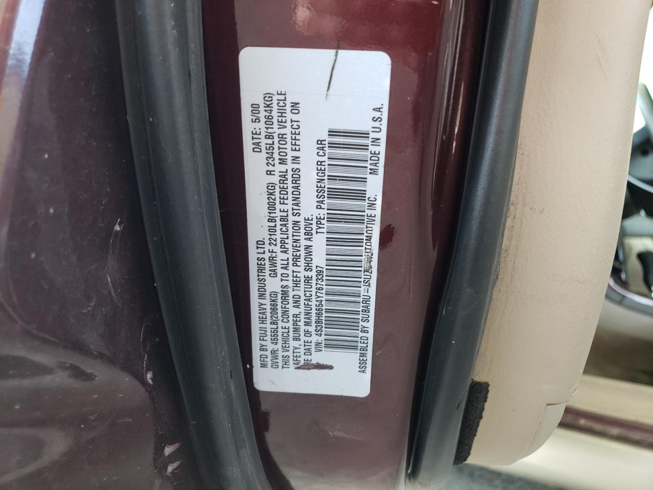 2000 Subaru Legacy Outback VIN: 4S3BH6654Y7673397 Lot: 57311615