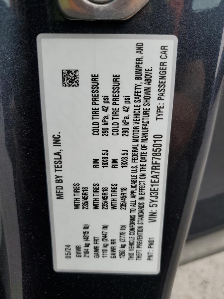 2024 Tesla Model 3 VIN: 5YJ3E1EA7RF785010 Lot: 57447845