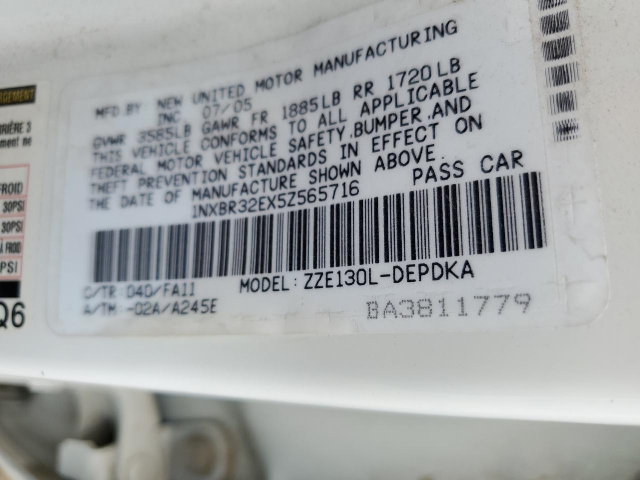 2005 Toyota Corolla Ce VIN: 1NXBR32EX5Z565716 Lot: 56152425