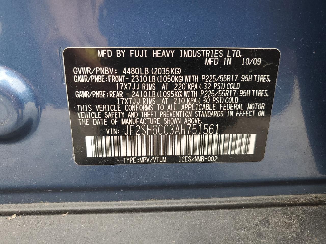 2010 Subaru Forester 2.5X Premium VIN: JF2SH6CC3AH751561 Lot: 56704295