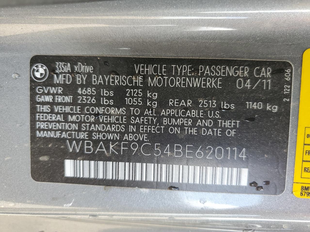 2011 BMW 335 Xi VIN: WBAKF9C54BE620114 Lot: 56594205