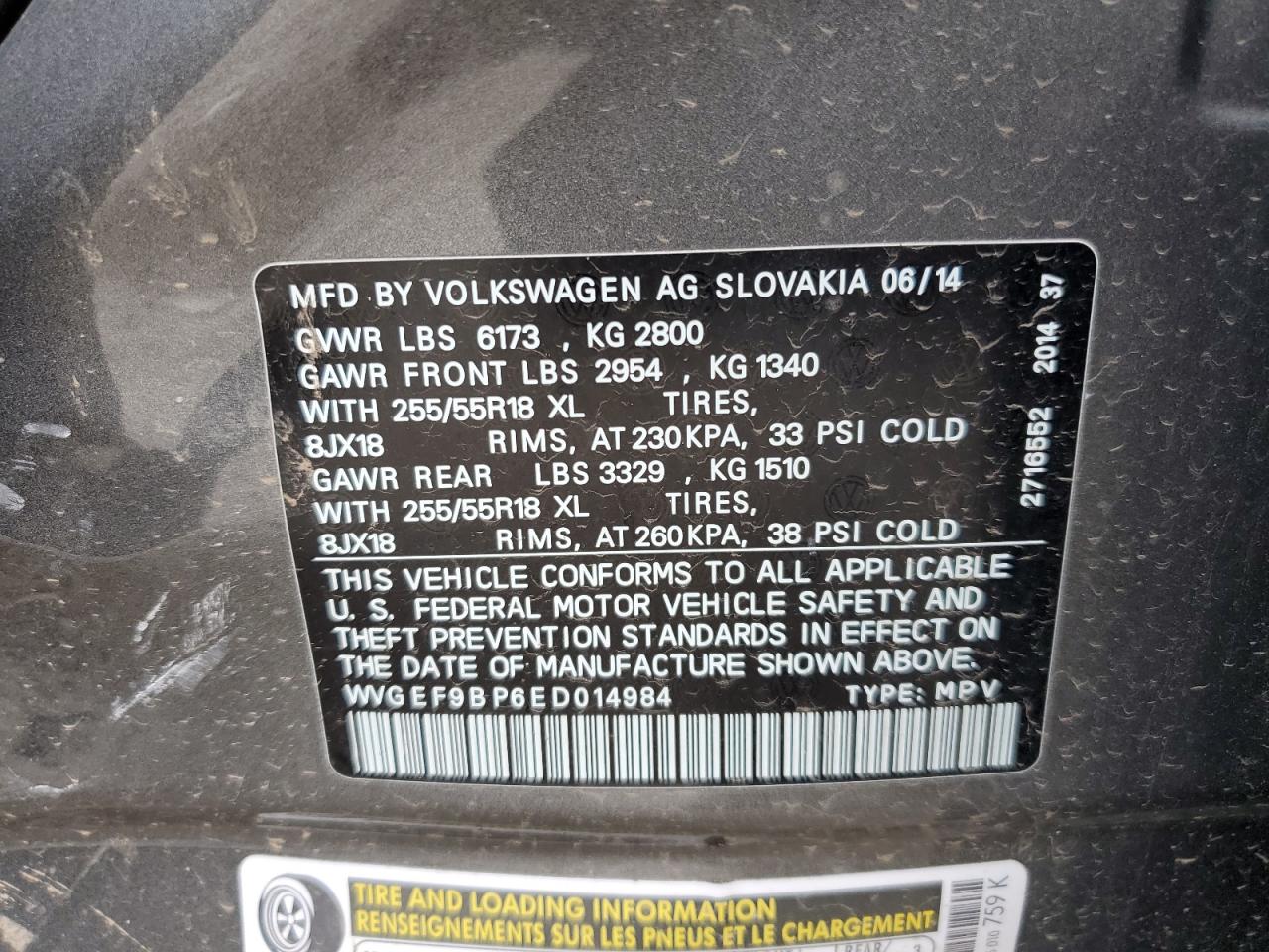 2014 Volkswagen Touareg V6 VIN: WVGEF9BP6ED014984 Lot: 55034865