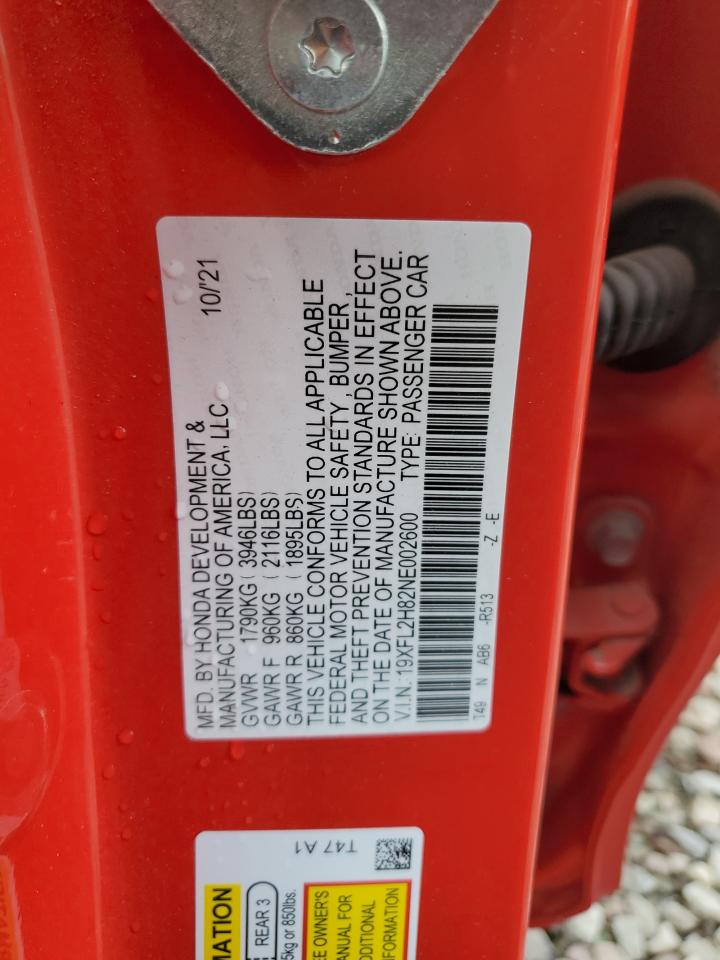 2022 Honda Civic Sport VIN: 19XFL2H82NE002600 Lot: 58538205