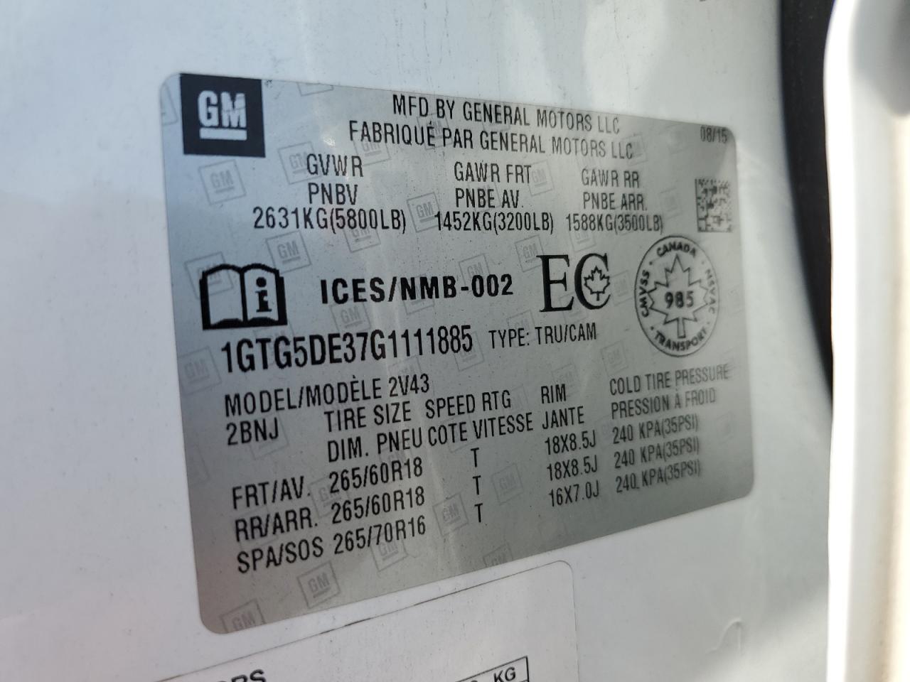 2016 GMC Canyon Slt VIN: 1GTG5DE37G1111885 Lot: 58773175