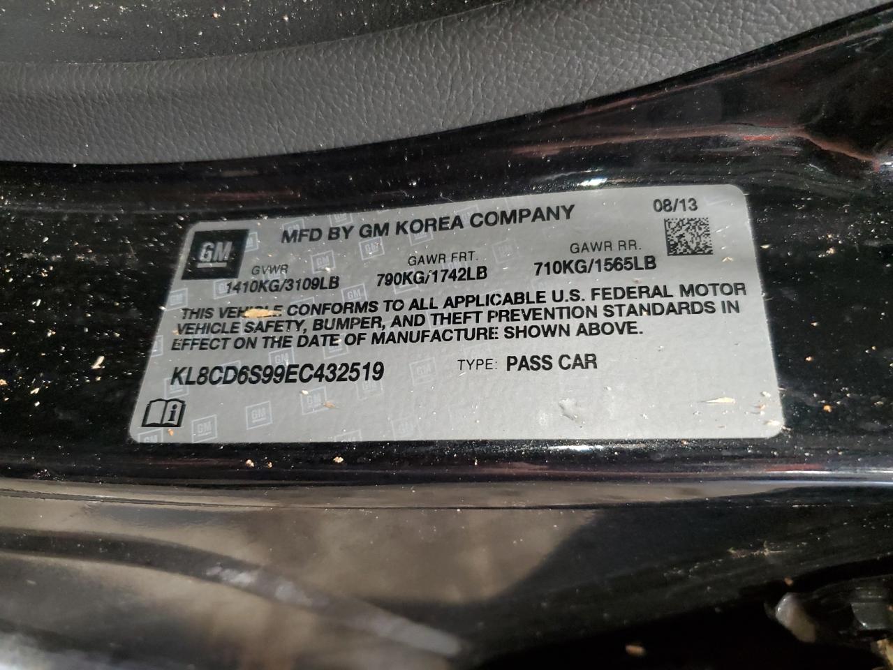 2014 Chevrolet Spark 1Lt VIN: KL8CD6S99EC432519 Lot: 56481605