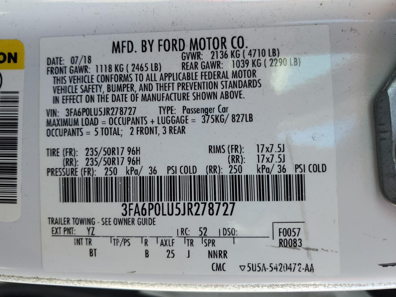 2018 Ford Fusion Se Hybrid VIN: 3FA6P0LU5JR278727 Lot: 54025495