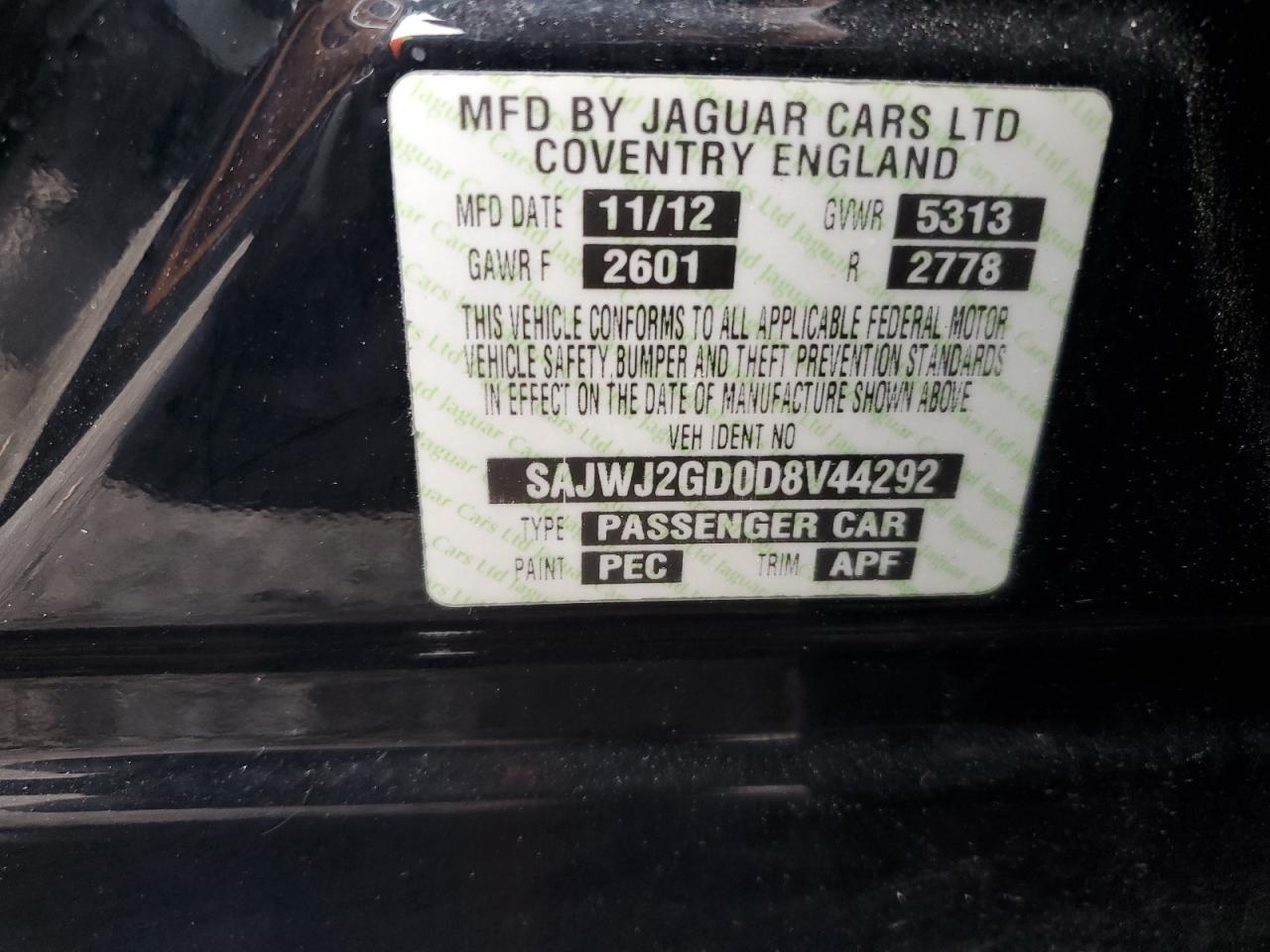 2013 Jaguar Xjl Portfolio VIN: SAJWJ2GD0D8V44292 Lot: 57073775