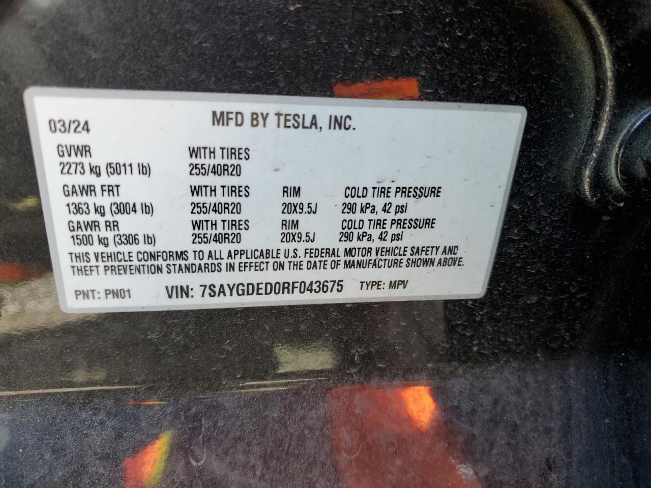2024 Tesla Model Y VIN: 7SAYGDED0RF043675 Lot: 56904965