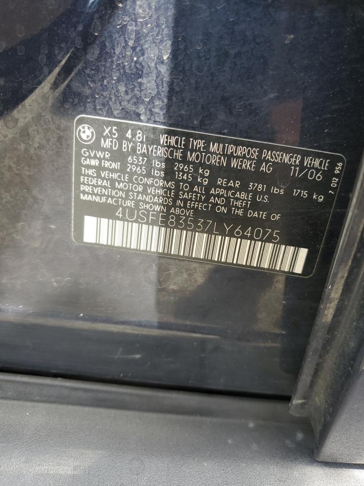 2007 BMW X5 4.8I VIN: 4USFE83537LY64075 Lot: 56922745