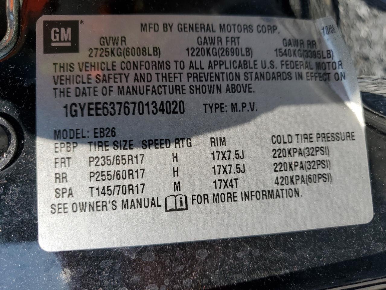2007 Cadillac Srx VIN: 1GYEE637670134020 Lot: 55830205